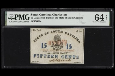 1863 SOUTH CAROLINA Charleston, 15c State Civil War Banknote Currency, PMG 64 - Image 1 of 4