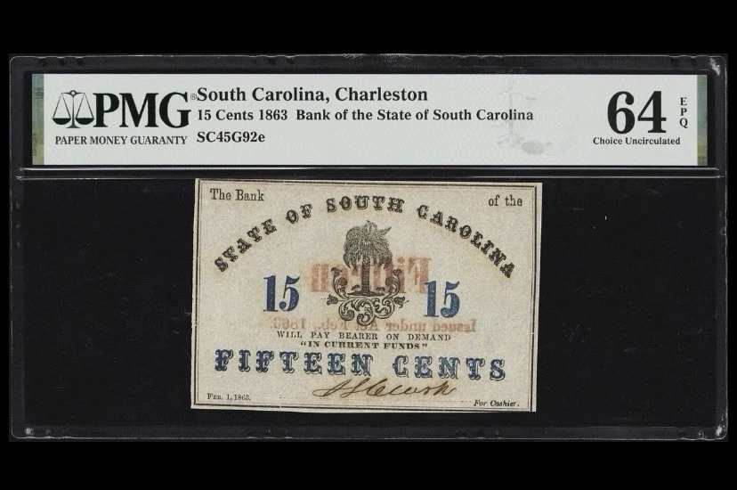 1863 SOUTH CAROLINA Charleston, 15c State Civil War Banknote Currency, PMG 64 - Image 1 of 4