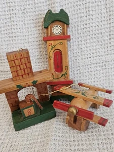 3 Vintage Wooden Ornaments, Plane, Grandfather Clock and Fireplace - Picture 1 of 11