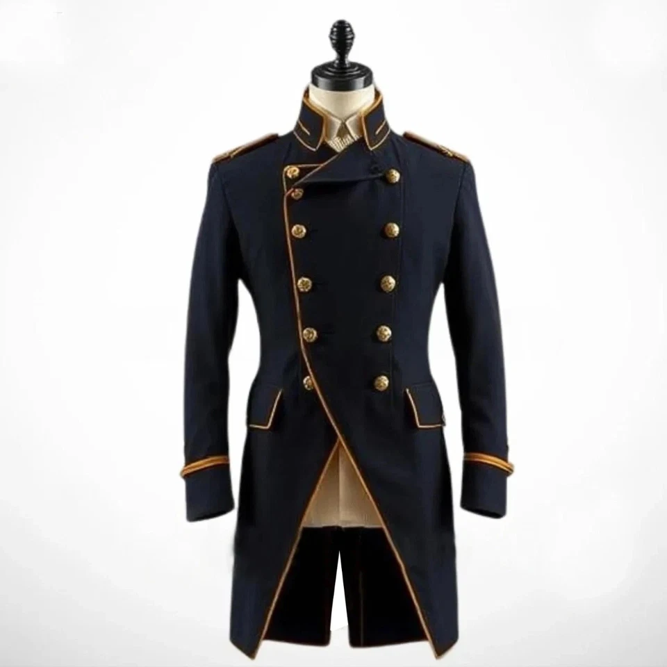 海军蓝羊毛维多利亚军官哥特式夹克双排扣军用尾衣 — 第 1/4 张图片