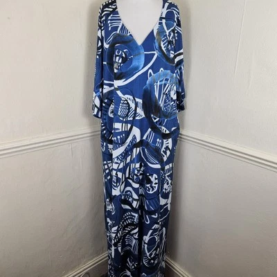 David Nieper Blue Jersey Abstract Kaftan Maxi Dress Large UK 16 - Image 1 of 4
