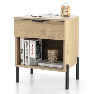Nightstand Compartment Modern Side End Table with Charging Station Drawer - Picture 1 of 8