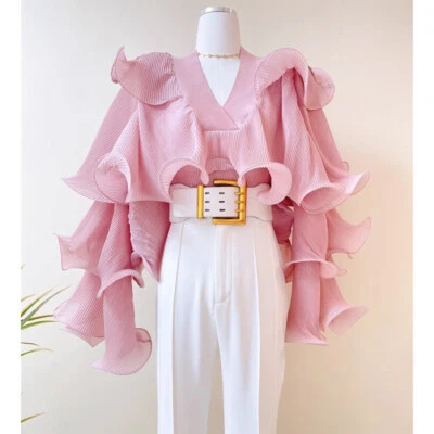 Blusa blusa camisas pulóver manga abullonada plisada de gasa con volantes cuello en V talla Foto 1 de 4