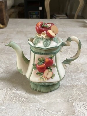 Montefiori керамический чайник статуэтка зеленый с красными яблоками винтажный редкая - Изображение 1 из 4