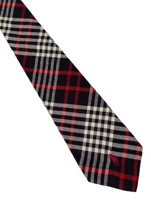 Polo Ralph Lauren Tie Check Plaid Necktie Black Gray Red Pony Cotton Flannel - Image 1 of 4