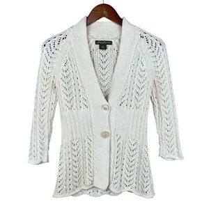 Eddie Bauer Cardigan Sweater Open Knit Cream Linen Blend Button Front Women's S - Picture 1 of 8