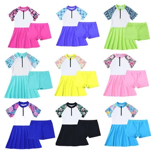 Kids Girls 2Pcs Short Sleeve Swim Dress Swimsuit with Bottoms Beach Bathing Suit - Picture 1 of 93