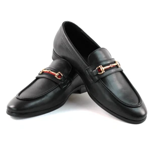 Men's Black Leather Dress Shoes Slip On Loafers With Gold Buckle Formal AZAR MAN - Picture 1 of 5