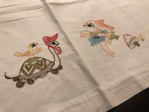 Vintage Hand-Embroidered Hare & Tortoise Baby Cot Sheet/Wrap - Picture 1 of 6