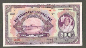 1920 CZECHOSLOVAKIA 5000 KORUN SPECIMEN ~ P-19s ~ CHOICE CRISP UNCIRCULATED - Imagen 1 de 2