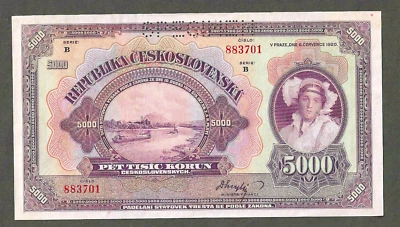 1920 CZECHOSLOVAKIA 5000 KORUN SPECIMEN ~ P-19s ~ CHOICE CRISP UNCIRCULATED - Image 1 of 2