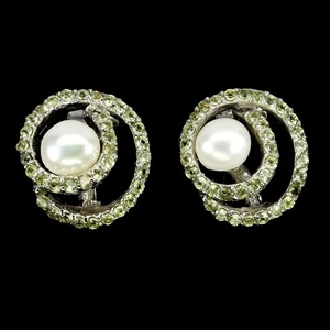925 Sterling Silver Earrings Round Peridot Pearl Natural Gemstone Jewelry - Picture 1 of 14
