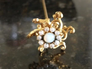 Victorian Antique HATPIN Opal & Seed Pearl Flower  GOLDTONE 7" - Picture 1 of 9