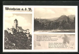 AK Weinheim a.d.Bergstr., Ortstotale mit Blick zur Burgruine Windeck, die Wache - Bild 1 von 2