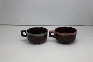 2 Vintage Stoneware Oven To Table Brown Bule & Pink Drip Glaze Soup Bowl Cup Lot - Picture 1 of 4