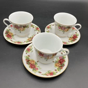 Juego de 3 tazas y platillos vintage Yau Shing Roses. Borde dorado.  Raro - Imagen 1 de 8