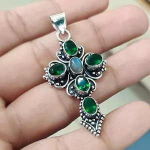 Multi Diopside & Labradorite Gemstone 925 Sterling Silver Cross Easter Pendant - Picture 1 of 10