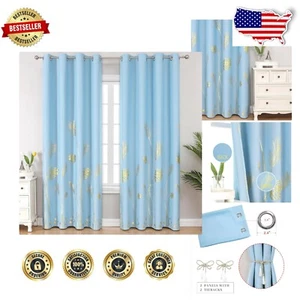 Luxurious Palm Tree Pattern Blackout Curtains - Sky Blue, 52Wx96L, Set of 2 - Picture 1 of 12