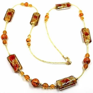 Halskette Glas Murano, Arbeiten Blatt Gold, Rohr Kugel, Farbe Bernstein, 85 CM - Imagen 1 de 6