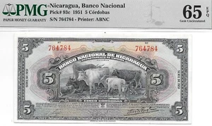 Nicaragua, Banco National 1951 5 Cordobas P-93c PMG 65 EPQ Issued Rare - Picture 1 of 4