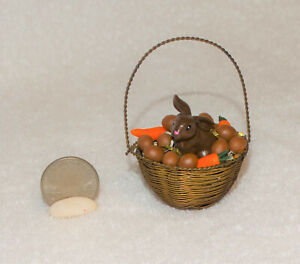 Easter Miniature "CHOCOLATE RABBIT W/EGGS & CARROTS in METAL BASKET" OOAK-Artist