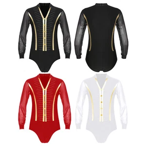 Mens Shiny Rhinestones Dance Shirt Bodysuit Mesh Long Sleeve Latin Dance Leotard - Picture 1 of 26