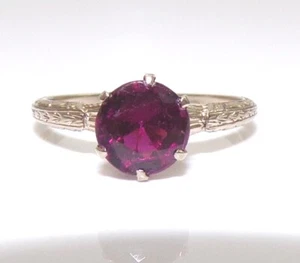Anello solitario vintage antico Art Deco oro bianco 14 carati granato rodolite misura 6,5 FZZ - Foto 1 di 7