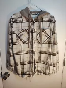 Wallflower Womens Button Up Hooded Shacket M Cream Brown Long Sleeve Frayed EUC - Picture 1 of 3