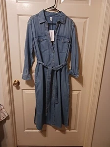 & Denim By H&M Indigo Blue Belted Western Denim Shirt Cotton Midi Dress NWT Sz M - Picture 1 of 14