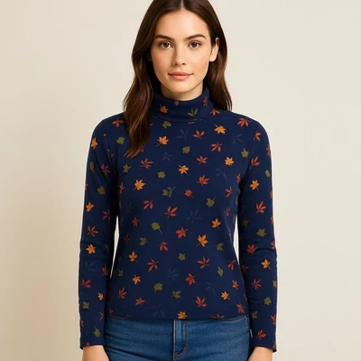 Top para mujer Croft & Barrow Y2K estampado de hojas cuello falso M azul marino manga larga Foto 1 de 4