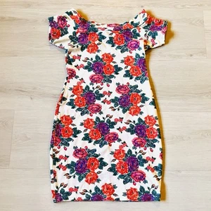 90s Vintage Spoiled Girls Floral Off-Shoulder Bodycon Mini Dress Size M - Picture 1 of 4