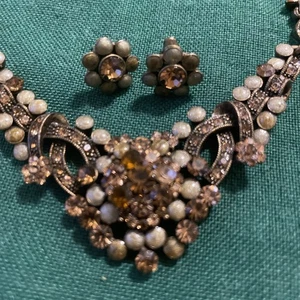 Vintage Julianna Halskette Elfenbein & Bernstein/Strasssteine und Ohrringe Set unsigniert - Bild 1 von 12