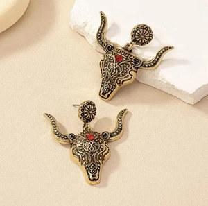 Chico’s Bull Head Earrings Western Flower CZ Ethnic Cowgirl Cowboy Gold Boho - Picture 1 of 5