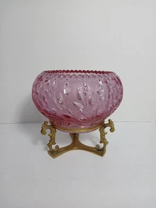 FENTON Art Glass Purple Diamond Carved Florals Leaves Bowl Vase Brass Stand - Picture 1 of 20