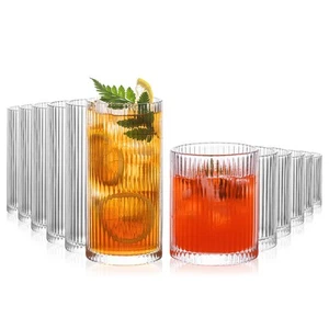 12-Piece Ribbed Glassware - 6 Highball Glasses 12 oz, 6 Rocks Glass Cups 14 o... - Picture 1 of 9