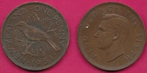 NEW ZEALAND ONE PENNY 1951 XF TUI BIRD SITTING ON BRANCH(Prosthemadera novaeseel - Picture 1 of 1