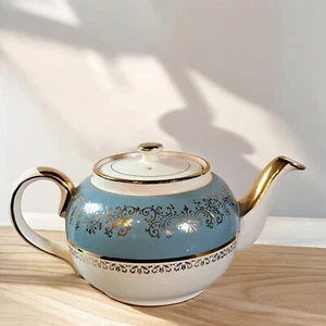 Vintage SADLER Staffordshire England HIMMELBLAU Elfenbein & Gold TEEKANNE 9,5"L x 4,5"H - Bild 1 von 9