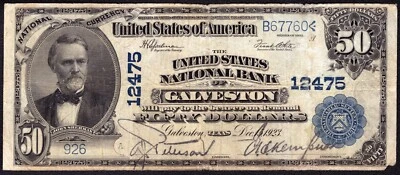 1902 $50 UNITED STATES NATIONAL BANK NOTE CURRENCY GALVESTON TEXAS CIRCULATED VF - Image 1 of 4