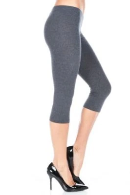 Cotton Spandex Capri Leggings Below Knee Plain Solid Stretchy Capris (S-3X) - Image 1 of 4