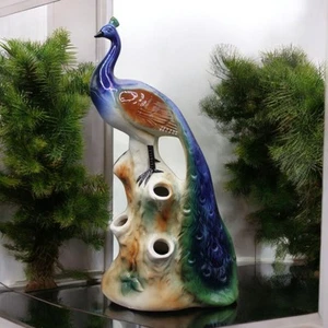 Vintage Majolica Ceramic Peacock Bird Figurine Flower Frog 10" Decorative Vase - Picture 1 of 6