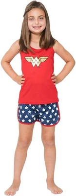 Conjunto de camiseta sin mangas y pantalones cortos de malla con logotipo de Wonder Woman para niñas grandes (M, 7/8) Foto 1 de 4
