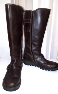 FLY LONDON Solv 7.5/41 brown leather wedge rubber heel side zip below knee boots - Picture 1 of 18
