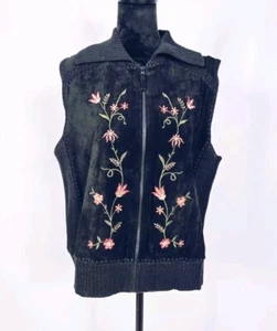 Designers Studios Originals Vintage Leather Embroidered Floral Zip Vest XL - Picture 1 of 5