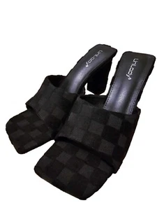 Unilady Women’s New 11 Christal-50 Faux Suede Block Heels Black Checkered Slide - Picture 1 of 9
