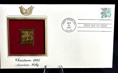 Christmas 1997 American Holly Gold Plated Stamp Replica First Day of Issue - Image 1 of 4