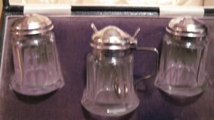 FINE QUALITY GLASS/SOLID SILVER CASED CRUET SET - CHESTER 1921 - Picture 1 of 12