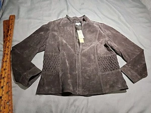 Coldwater Creek Jacke Damen groß grau Wildleder Leder gestrickt durchgehender Reißverschluss Neu mit Etikett Top - Bild 1 von 14