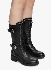Daniel Pace Black Leather Lace Up Biker Boots Calf Length Faux Fur Lined 37 UK 4 - Picture 1 of 24