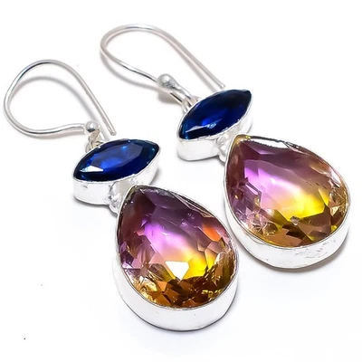 Ametrine,蓝色玉宝石手工925纯银珠宝耳环2.0 — 第 1/4 张图片