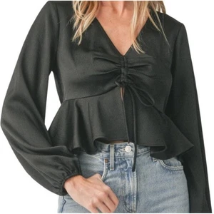 All In Favor Women's Black Satin Long Sleeve Peplum Tie Front Blouse S NWOT - Picture 1 of 9